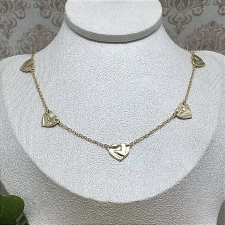 Colar Choker 5 Corações Orgânicos Semijoia Ouro