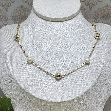 Colar Bolas e Pérolas Semijoia Ouro