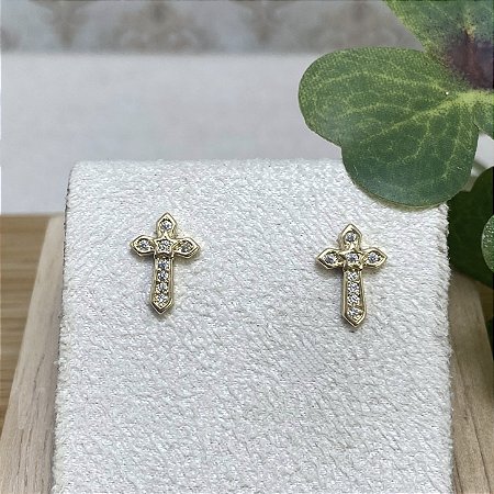 Brinco Crucifixo Cravejado Semijoia Ouro