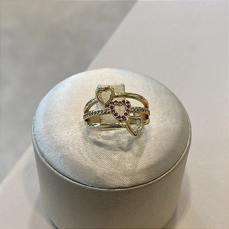 Anel 3 Corações Red Semijoia Ouro