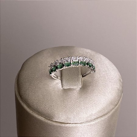 Anel Meia Aliança Esmeralda / Cristal Prata 925