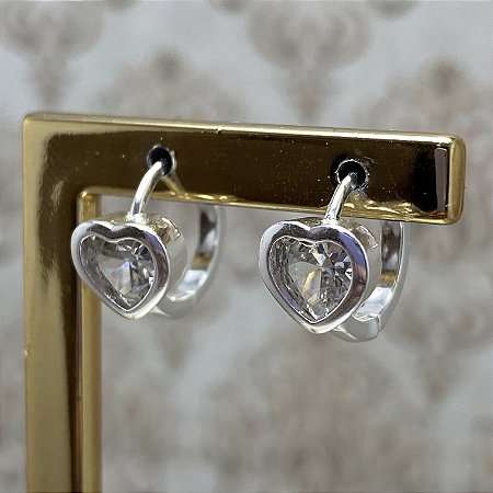 Brinco Argolinha Coração Cristal Caixa Alta Semijoia Prata