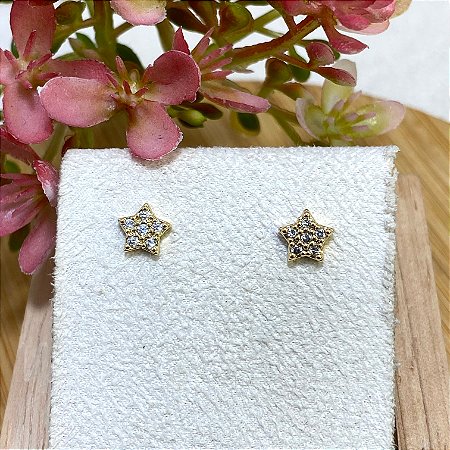 Brinco Estrelinha Cravejada Semijoia Ouro