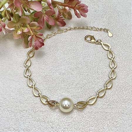 Pulseira Gotas c/ Pérola Única Semijoia Ouro
