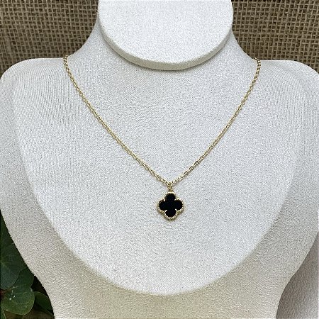 Colar Elinhos 1 Trevo Black Semijoia Ouro