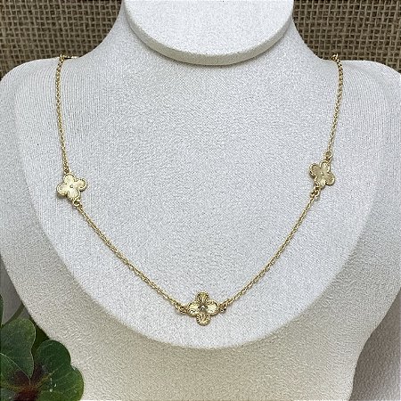 Colar Longo 5 Trevos Frisados Semijoia Ouro