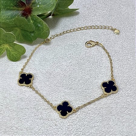 Pulseira 3 Trevos Black Semijoia Ouro