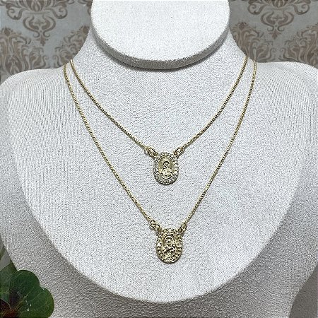 Colar Escapulário Oval Cravejdo Semijoia Ouro