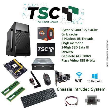 Desktop TSC GOV101 AMD Ryzen 5 1400 A320 8GB 2400Mhz 240GB STIII SSD Wifi DVDRW 200w Kit Teclado Mouse W10P Led 19