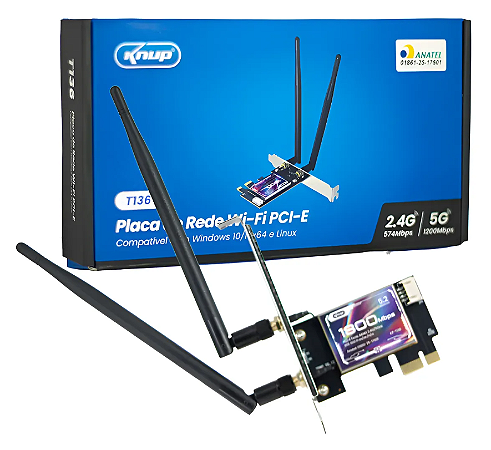 Placa rede wifi6 sem fio Knup T136 2A 574/1200Mbps AX1800 Triband Bluetooth 5.2 pci-e low profile