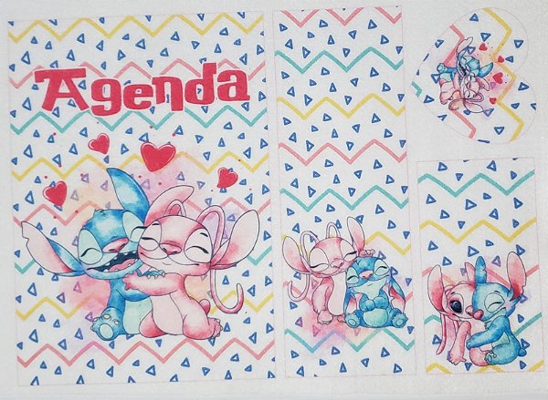 Agenda, estojo, marca pagina e chaveiro - Stitch e Angel