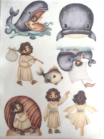 Historia biblica Jonas e a baleia - aquarela