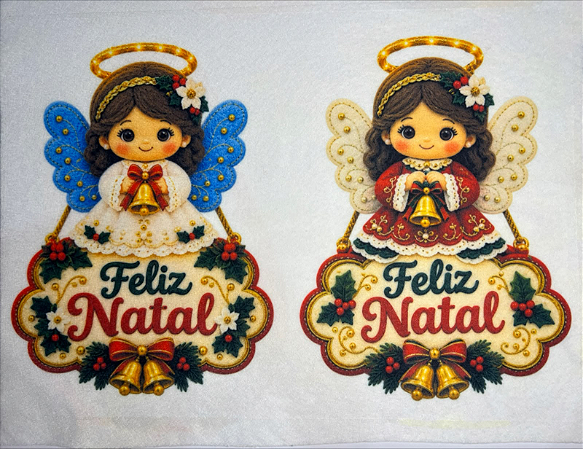 Plaquinha Duo de Anjinhos Feliz Natal "Coleção Costurados a mão"