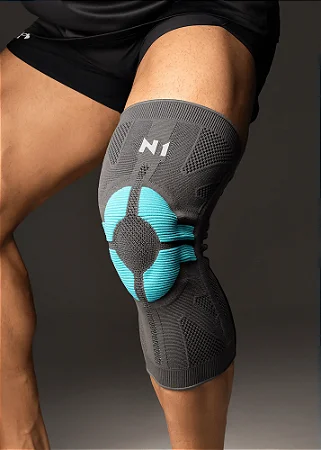 Joelheira de Compressão N1 Sport Linha PRO Cinza com Azul Turquesa