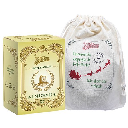 Duo de Sabonetes Premium Almenara (150g) e Sacolinha de Algodão Natalina