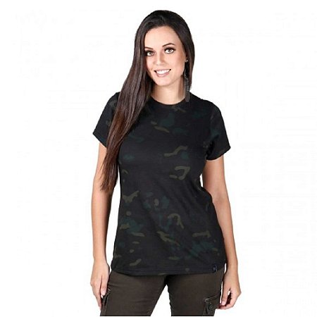 Camiseta Feminina Soldier Camuflada Bélica Multicam Black