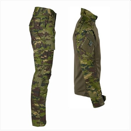 Farda Tática Bélica - Calça e Combat Shirt Camuflada Tropic