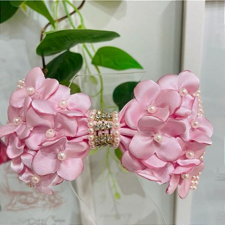 Laço de Cetim Florido Rosa Luxo com Strass e Mini-Pérolas