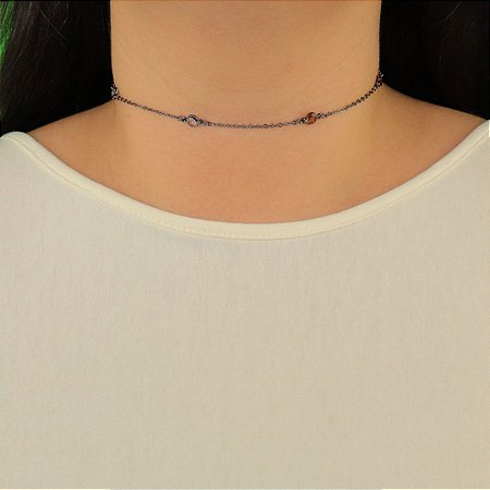 Colar choker ponto de luz colorido banho ródio negro