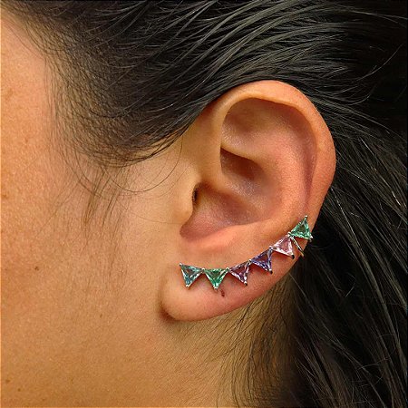 Brinco Ear Cuff colorido com zirconias triangulares
