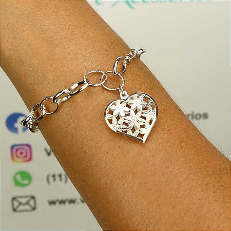 Pulseira de elos com pingente de coração banho ródio