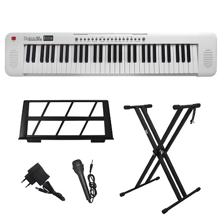 Kit Teclado Musical Portátil 61 Teclas Rhythmic 50WH Branco com Suporte em X