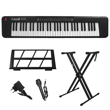 Kit Teclado Musical Portátil 61 Teclas Rhythmic 50 Preto com Suporte em X