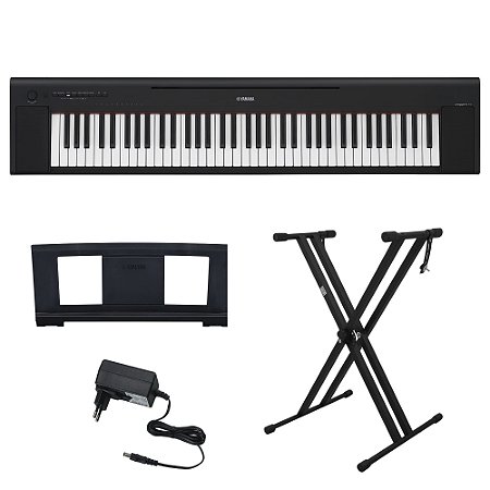 Kit Piano Digital NP 35B Piaggero Preto 76 Teclas com Fonte Bivolt Yamaha e Suporte em X