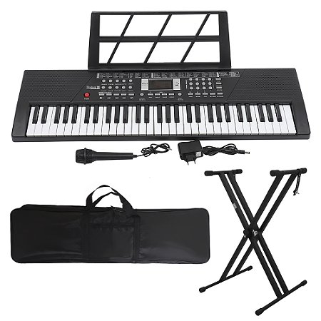Kit Teclado Musical 61 Teclas Estudante Iniciante Rhythmic 20 + Capa e Suporte em X