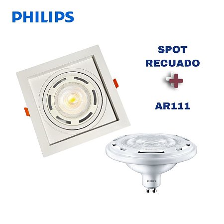 Kit Spot Embutir Quadrado Recuado + Lâmpada 9w Ar111 2700k