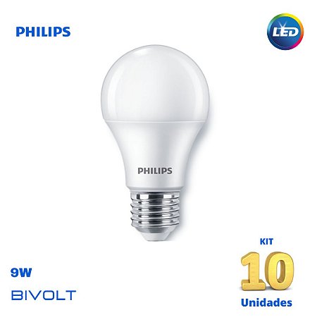 Kit 10 Lâmpadas Led Bulbo Philips 9w Bilvolt Branco Frio