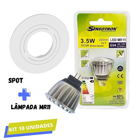 Kit com 10 Lâmpadas LED 3.5w MR11 Luz Quente com spot redondo embutir Sensotron