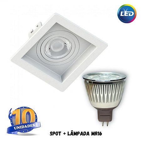 Kit com 10 Lâmpadas LED MR16 Luz Quente e 10 spots quadrados recuados branco