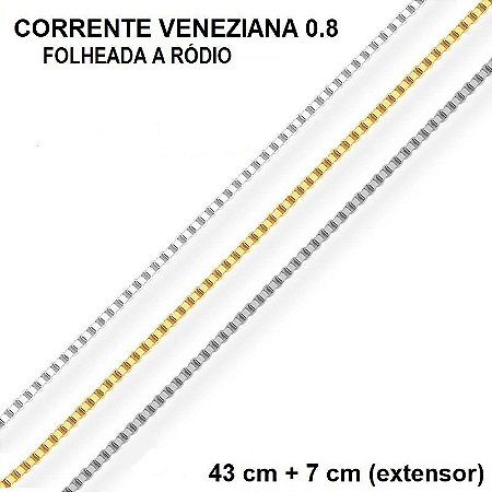 CORRENTE VENEZIANA BANHADA A RÓDIO BRANCO 43 CM + 7,0 CM EXTENSOR