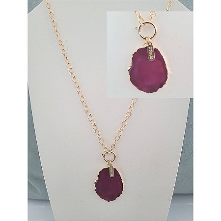 COLAR CORRENTE ELOS PEDRA NATURAL ÁGATA PINK BANHADO A OURO 18K