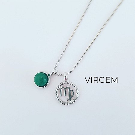 COLAR SIGNO VIRGEM 2 PINGENTES PEDRA NATURAL ÁGATA VERDE BANHADO A RÓDIO BRANCO