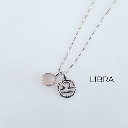 COLAR SIGNO LIBRA 2 PINGENTES PEDRA NATURAL CRISTAL DE ROCHA BANHADO A RÓDIO BRANCO