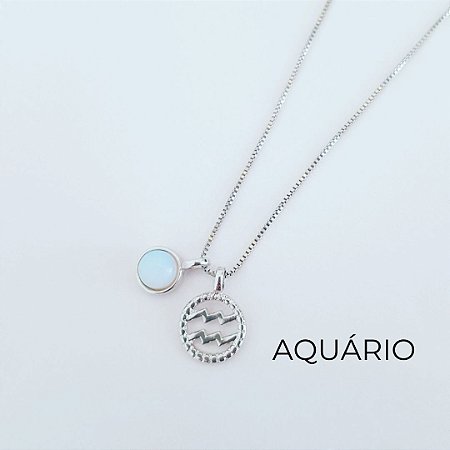 COLAR SIGNO AQUÁRIO 2 PINGENTES PEDRA NATURAL OPALINA "DA LUA" BANHADO A RÓDIO BRANCO