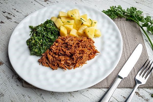 Carne Desfiada c/ Mandioca Cozida e Couve