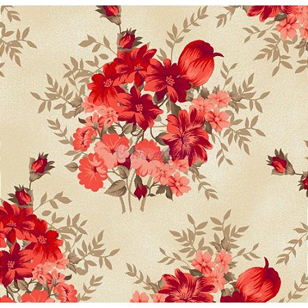 Tricoline Floral Amor Perfeito (Vermelho), 100% Algodão, Unid. 50cm x 1,50mt