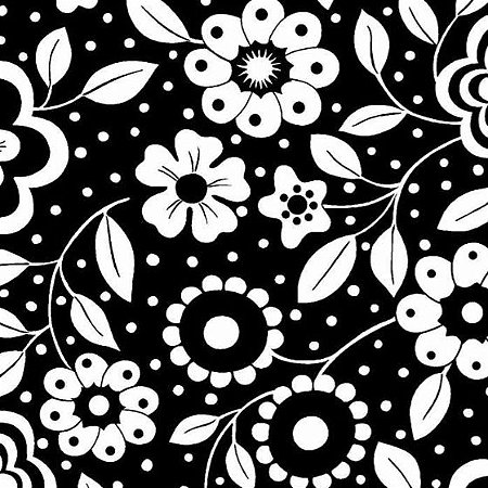 Tecido Tricoline Floral Preto e Branco, 100% Algodão, Unid. 50cm x 1,50mt