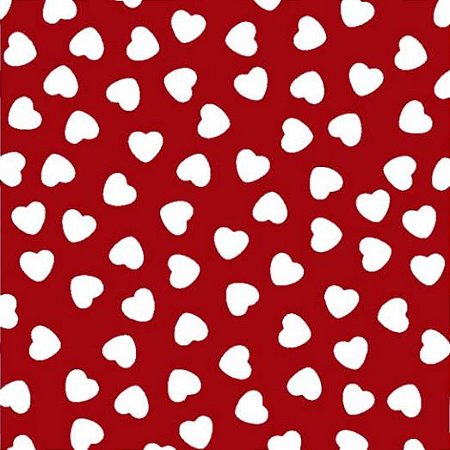 Tecido Tricoline Coração Branco Fundo Vermelho, 100% Algodão, Unid. 50cm x 1,50mt