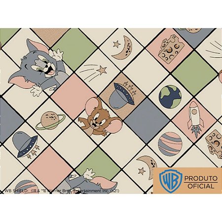 Tecido Tricoline Personagem Tom e Jerry Fundo Bege, 100% Algodão, Unid. 50cm x 1,50mt