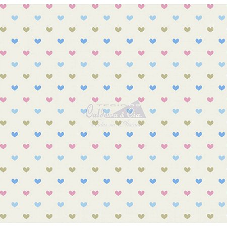 Tricoline Corações Amor - Cor 03 (Azul / Rosa / Verde), 100% Algodão, Unid. 50cm x 1,50mt
