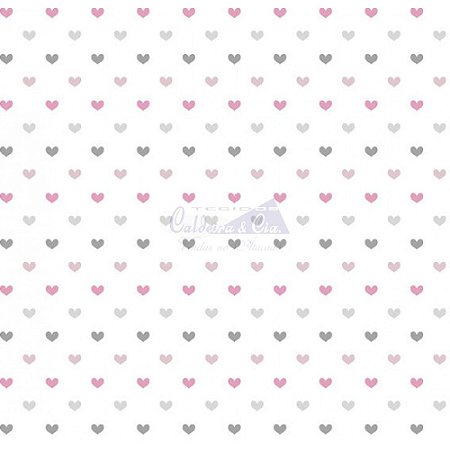 Tricoline Corações Amor - Cor 02 (Rosa / Cinza), 100% Algodão, Unid. 50cm x 1,50mt