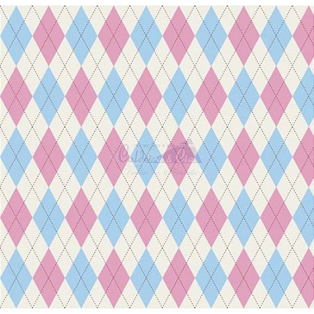 Tricoline Estampado Trapézio - Cor 04 (Azul com Rosa), 100% Algodão, Unid. 50cm x 1,50mt