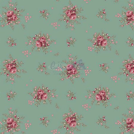 Tricoline Estampado Floral Yasmim - Cor-05 (Verde Vintage) , 100% Algodão, Unid. 50cm x 1,50mt