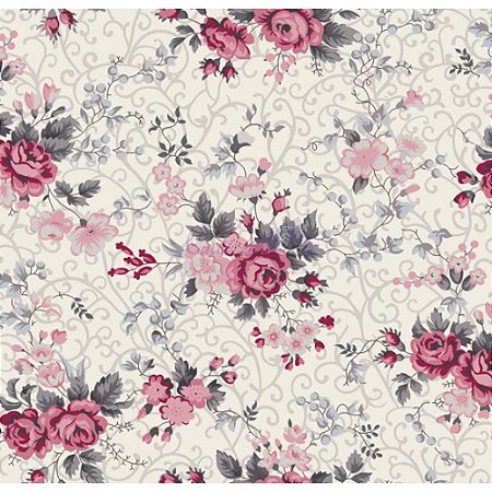 Tricoline Estampado Floral Fernanda - Cor-03 (Cinza com Rosa), 100% Algodão, Unid. 50cm x 1,50mt