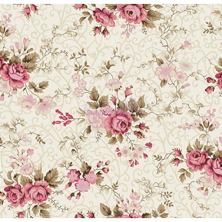 Tricoline Estampado Floral Fernanda - Cor-02 (Creme com Rosa), 100% Algodão, Unid. 50cm x 1,50mt