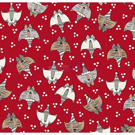 Tricoline Estampado Cat - Cor-05 (Vermelho), 100% Algodão, Unid. 50cm x 1,50mt